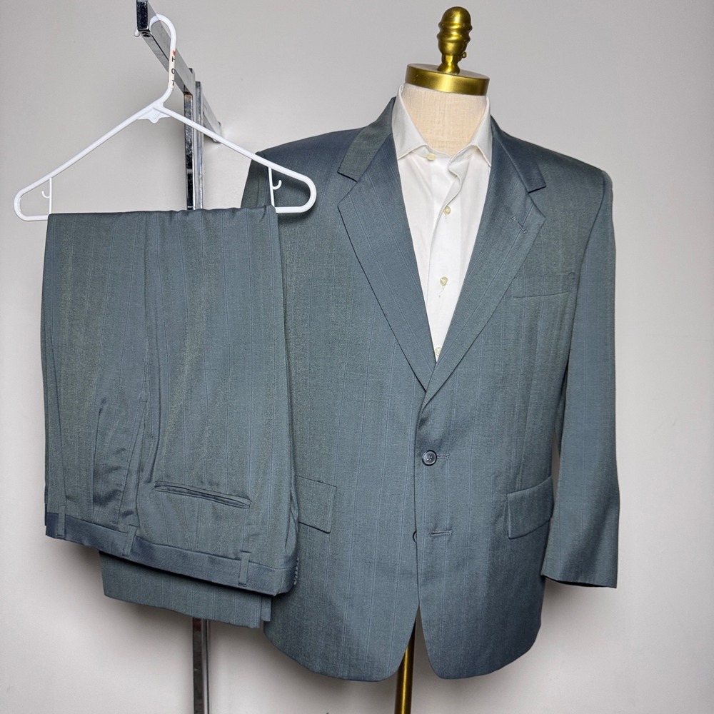 1980s Austin Reed Suit Mens 42S W33 Green Pinstripe Wool Notch Vintage